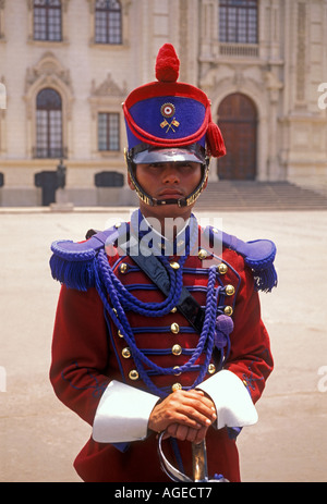 Peruvian man, palace guard, guard, Presidential Palace, Palacio de Gobierno, Plaza de Armas, city of Lima, Lima, Lima Province, Peru, South America Stock Photo