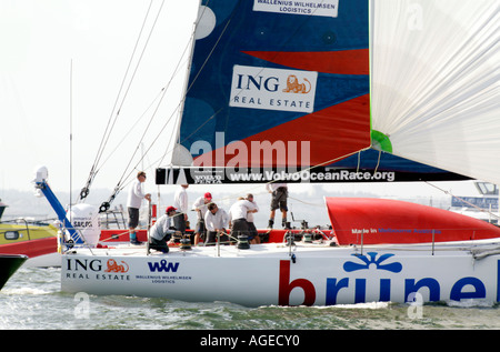 Yacht racing. Busy crew in a mega yacht cockpit. Stock Photo