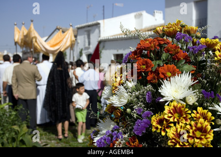 Street altar with flowers Corpus Christi procession Castilleja del Campo Spain Stock Photo