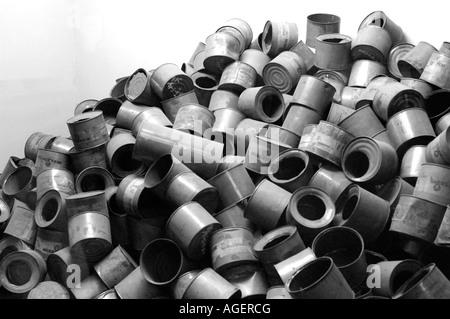 empty Zyklon B canisters used in the Birkenau gas chambers on display in the Auschwitz Museum Stock Photo