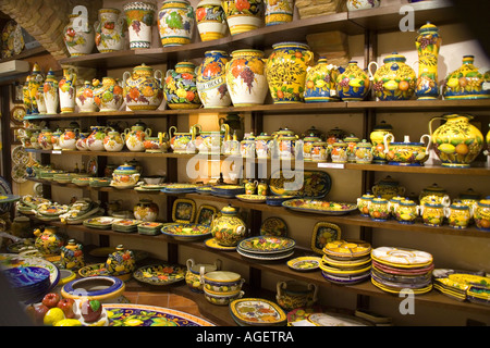 Colourful ceramics on sale in San Gimignano Tuscany Italy Stock Photo