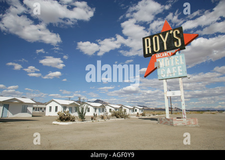 The famous and iconic Roy's Diner in Amboy, california, on the old route 66 with a Dodge Viper. Stock Photo