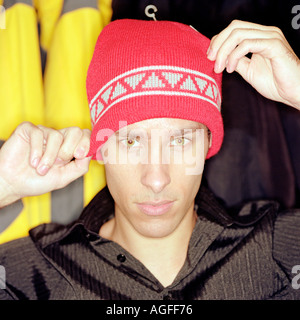 Young man wearing a knit hat Stock Photo