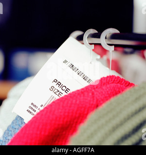 Price tag on clothes rack Stock Photo