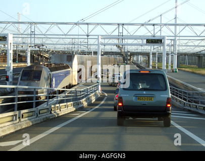 Eurotunnel. Cars loading onto train at Folkestone Kent England UK Stock Photo