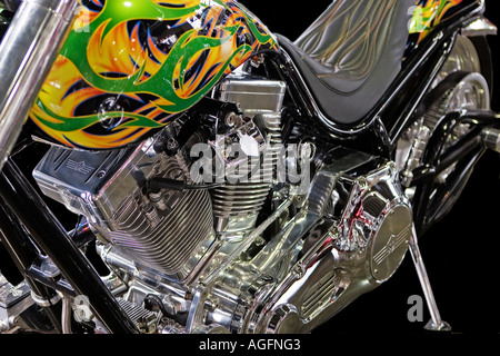 Up close photo low angle side view of a custom built motorcycle chopper Stock Photo