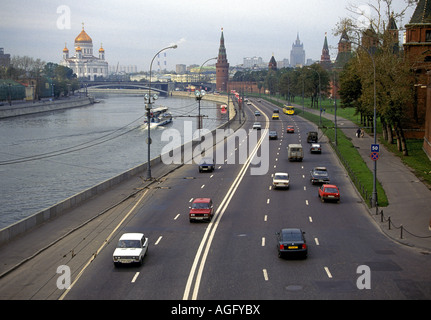 The main highway that runs along the Moscow River in front of the Kremlin near Red Square in Moscow Stock Photo