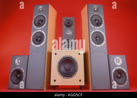 Set of six loudspeakers Home cinema sound Stock Photo