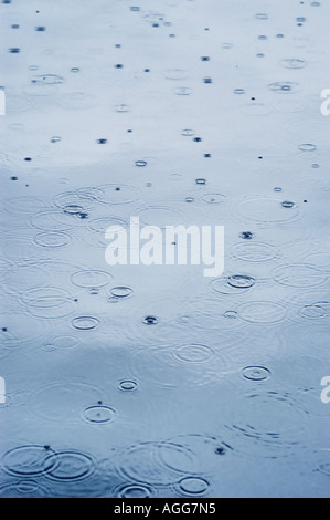 raindrops hitting water surface and creating ripples Stock Photo