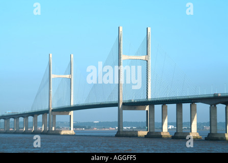 Second Severn Crossing M4 motorway bridge over River Severn major UK infrastructure project landscape from Welsh shoreline with English shore distant Stock Photo