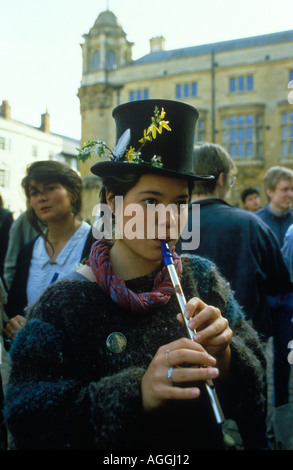 Penny Whistle Tin Whistle Fipple Flute, young English woman playing folk tunes traditional folk music. May Day Oxford Oxfordshire 1997 1990s UK Stock Photo
