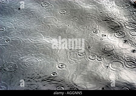 raindrops hitting water surface and creating ripples Stock Photo