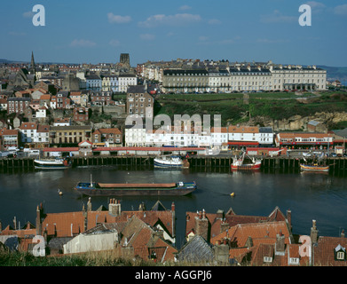 View over Harbour to the West Cliff, from St Mary's Church, Whitby, North Yorkshire, England, UK Stock Photo