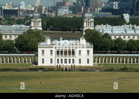 Looking down at historical Queens House & River Thames Royal Naval College buildings seen from Greenwich Observatory in Greenwich Royal Park London UK Stock Photo
