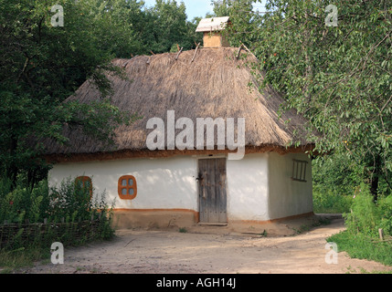 Small Ukrainian historical house preceding century museum of Ukrainian folk architecture in Pirogovo villlage near Kiev Stock Photo