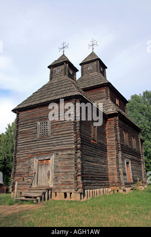Ukrainian historical country wood church museum of Ukrainian folk architecture in Pirogovo village near Kiev Stock Photo