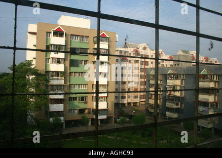 RSC91086 high rise building seven floors seen through iron window bombay mumbai maharashtra india Stock Photo