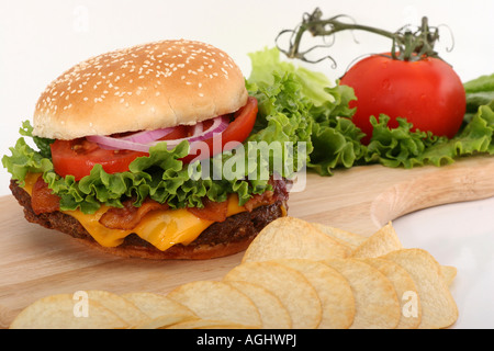 Hamburger with potato chips Beef burger American fresh fast food  overhead from above close up closeup pictures images horizontal in USA US hi-res Stock Photo