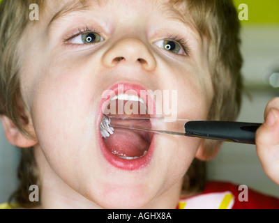 young boy brushing his teeth before bedtime Stock Photo