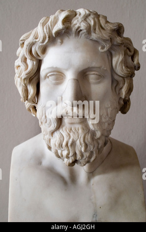 2nd-century AD ancient Roman marble bust of Asclepius (Aesculapius), the god of medicine and healing highly detailed wavy hair thick curled beard. Stock Photo
