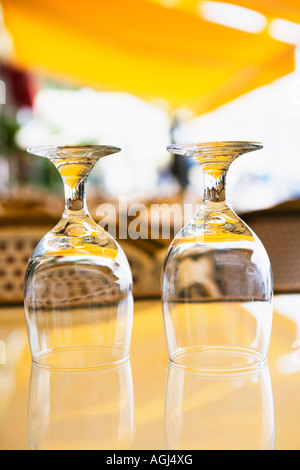Close-up of two empty wine glasses on a table Stock Photo
