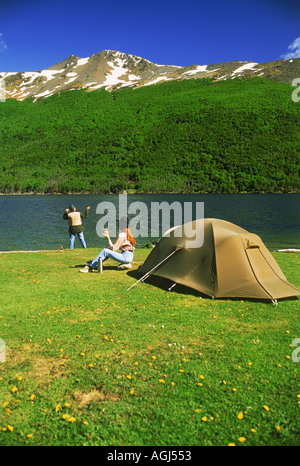 Camping and fly fishing at Lake Escondido in Tierra Del Fuego Argentina Stock Photo