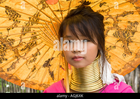 Young Asian woman & parasol of Lahu Shi Balah Hill Tribe Thailand - Thai hill-tribe- Karen long necks Thaton, Ecotourism Village in Chiang Mai, Asia Stock Photo