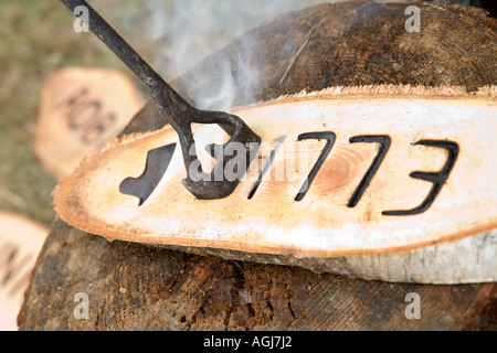 Hot branding iron burning the letter E into birch wood name plate Stock Photo