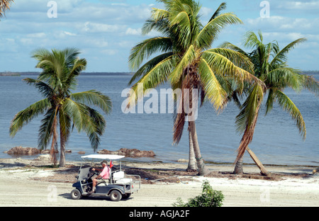 Useppa Key on Pine Island Sound SW Florida fl USA golf club cart on beach with palm trees Stock Photo