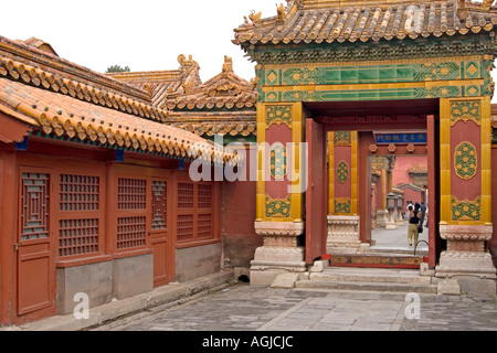 asia china wallpaintings walldecoration and roofs with mythical creatures in forbidden city in beijing Stock Photo