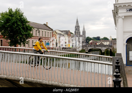 Across the River Lee from bottom of Grand Parade southwest to Sullivan's Quay toward St Finbarr's Cathedral. Cork City, Ireland. Stock Photo