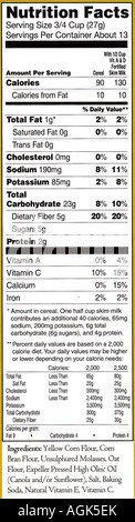 Nutrition Facts Label from a box of Puffins cereal Stock Photo