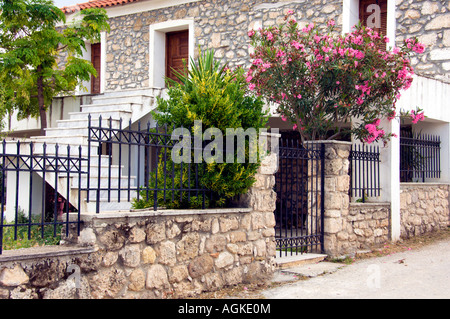 Purple oleander bushes bloom and decorate stone houses near Corinth Greece Stock Photo