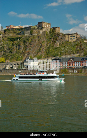 Koblenz; Pleasure boat on the Rhine River with Ehrenbreitstein fortress in background. Stock Photo