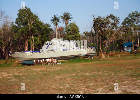 Police boat washed up in Khao Lak by the 2004 tsunami Stock Photo