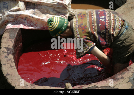 A man working in the basin in the Fes Tanneries, Morocco Stock Photo