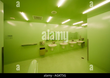 Men's restroom, toilet, at the Public Seattle Central Library. Green in color and in sustainable design. Stock Photo