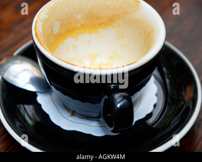 Empty cappuccino cup on a table in Bunker Sztuki cafe, Krakow, Poland. Stock Photo