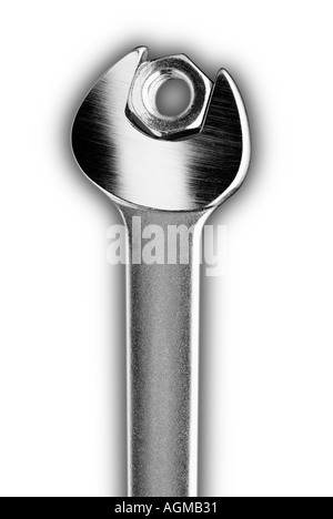 Spanner with a nut. Mechanic, manufacturing, engineering. White background Stock Photo