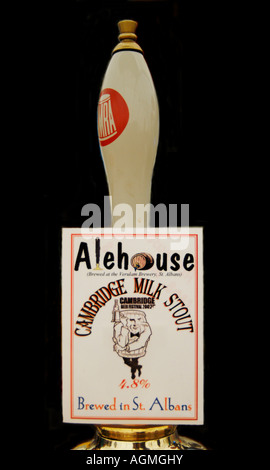 A traditional beer pump serving Cambridge Milk Stout produced by the microbrewery Alehouse Stock Photo