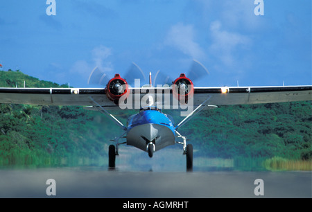 Peru, Quito, Catalina hydroplane taking off from runway Stock Photo