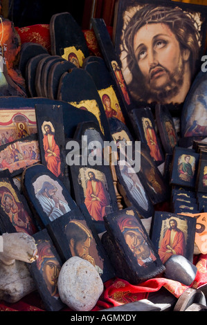 Wooden religious icons for sale in a store in Tinos, near Mykonos, Greece. Stock Photo