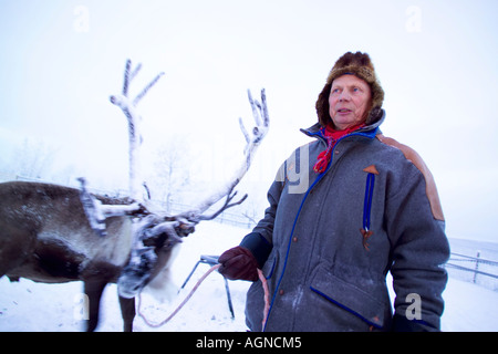 Same with his reindeers near Kiruna Sweden Stock Photo