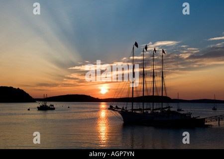 Sunrise in Bar Harbor near Maine s Acadia National Park Four masted schooner The Margaret Todd Stock Photo