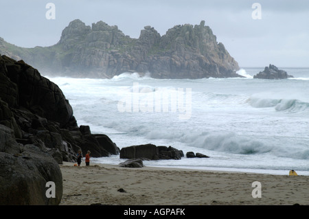 Porthcurnow beach Cornwall England UK Stormy sea and waves Stock Photo