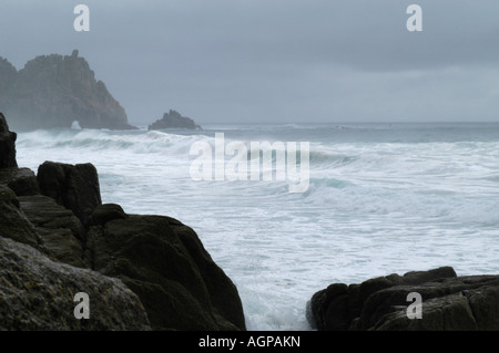 Porthcurnow beach Cornwall England UK Stormy sea and waves Stock Photo