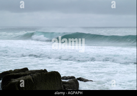 Porthcurnow beach Cornwall England UK Stormy sea and waves Stock Photo