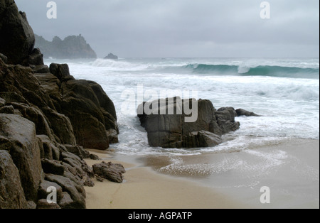 Porthcurnow beach Cornwall England UK Stormy sea and waves Stock Photo