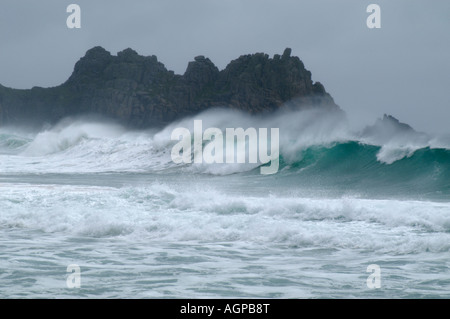 Porthcurnow beach Cornwall England UK Stormy sea and waves Stock Photo