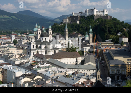 Elevated view of the Salzburg Old Town and Hohensalzburg Fortress from Monchsberg Hill. Salzburg, Austria. Stock Photo